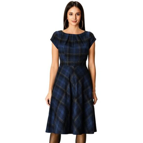 eShakti Pleat Neck Cotton Plaid Dress Blue/Black Sz 3X - Picture 1 of 10